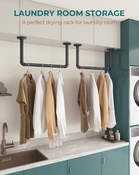OROPY Industrial Pipe Clothes Rack, Set of 2 Heavy Duty Wall Mounted Black Iron Garment Bar