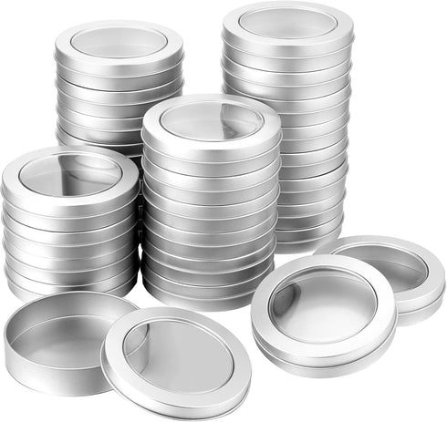 TecUnite 4 oz Metal Tin Cans, 24 Pieces Round Empty Containers with Clear Top Lid for Kitchen Office