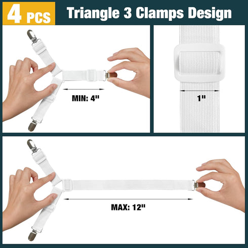 4 Pack Adjustable Elastic Straps with Metal Clips, Bed Sheet Fasteners in Assorted Four Sizes, Bedding Suspenders