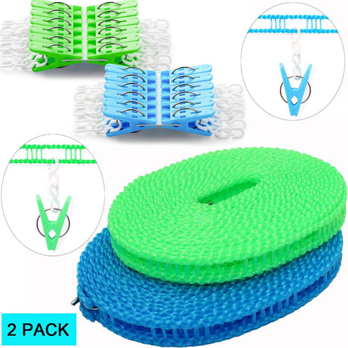 Clotheslines 2 Pack with 24 Pcs Clips, Portable Windproof Drying Rope for Indoor Outdoor Laundry, Camping