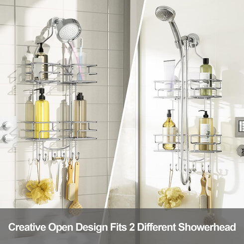 Chrome Shower Caddy Organizer with Hooks - Overhead Bathroom Rack