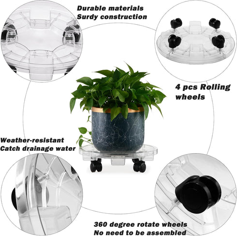4 Packs 10.2 inches Small Clear Plant Caddy Plant Saucers on Wheels Rolling Plant Stands Heavy-duty Plant Dolly Plastic