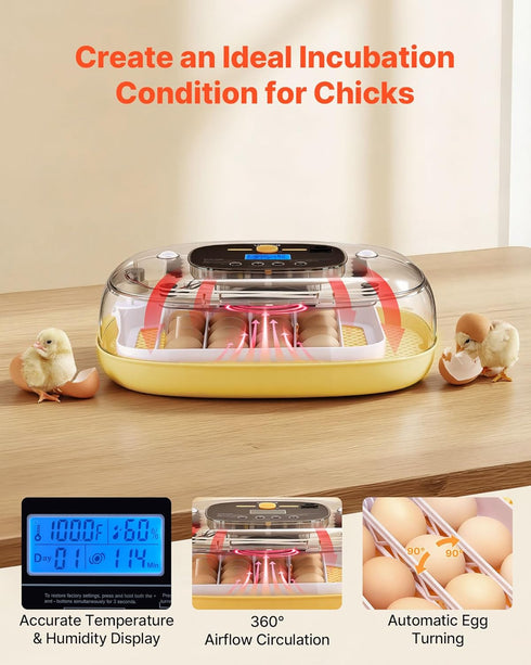 24 360 VEVOR Egg Incubator, Automatic Egg Turner with LED Candler, Temperature & Humidity Control, View Clear Window