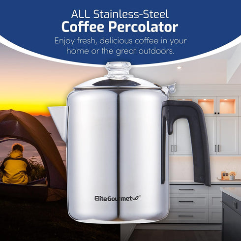 Elite Gourmet EC008 Classic Coffee Percolator, 8-Cup, Stainless Steel, Glass Knob, Cool-Touch Handle