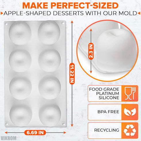 8 Cavity Apple Silicone Mold - 11.22 x 6.69 x 2.3 Inches, Non-Stick Baking Mold for Pastry, Jelly, Ice Cream, Soap,