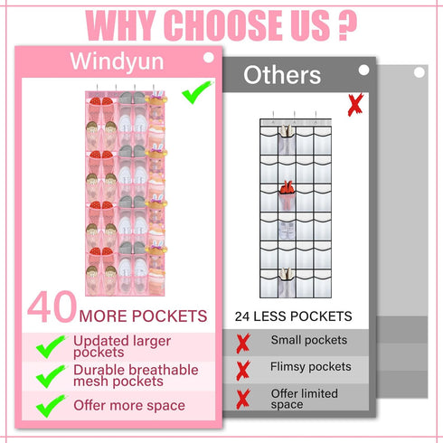 40 Closet Windyun Over the Door Shoe Organizer Large Breathable Mesh Pockets Pink Hanging Shoe Rack for Behind Door