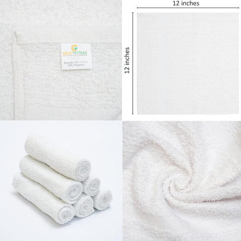60 Pack Set (12x12 inches) Commercial GOLD TEXTILES Economy White Washcloths - Cotton Blend Grade Cleaning Rags, Quick