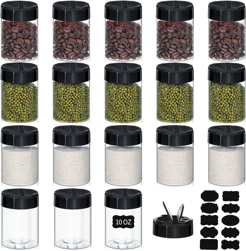 Uiifan 18 Pack 10 oz Spice Jars with Black Lids, Clear Plastic Spice Containers with Shaker Lids for Kitchen