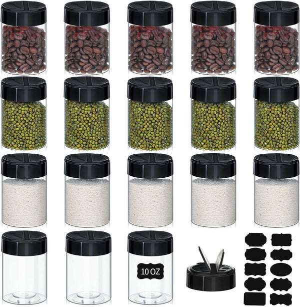 Uiifan 18 Pack 10 oz Spice Jars with Black Lids, Clear Plastic Spice Containers with Shaker Lids for Kitchen