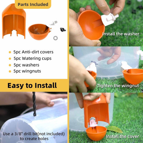 LEWINHOOK (5 Pack), 2.9 Chicken Waterer Cups Automatic Large Poultry Waterer Cups with Anti-Dirt Cover, Suitable
