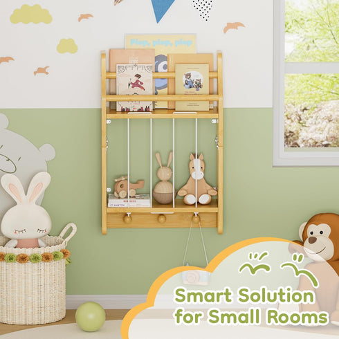 2-Tier Wall-Mounted Kids Bookshelf, Bamboo Floating Nursery Book Shelf, Picture Ledge Shelf for Wall Decor and Storage