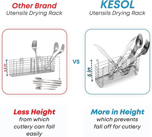KESOL Sturdy 304 Stainless Steel Utensil Drying Rack Basket Holder with Hooks, 3 Divided Compartments, Rust Proof