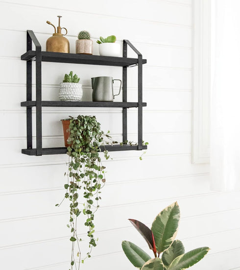 3 Mkono Floating Wall Shelves Tier Rustic Hanging Shelf with Metal Bracket Wall Mount Wood Storage Display Shelves