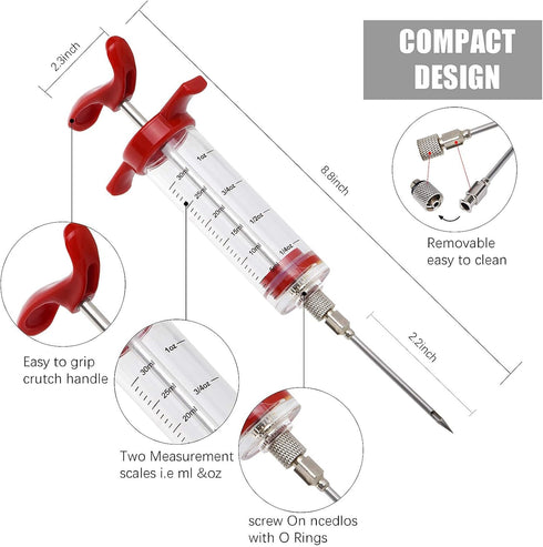 Premium Meat Injector, Marinade Syringe with 2 Needles for BBQ Grill, Turkey Cooking, 1-oz Capacity, Red