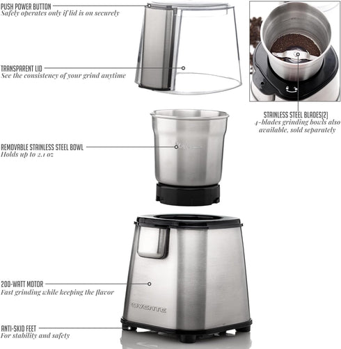 OVENTE Electric Coffee Grinder, 2.1 Ounce Cup, 200 Watt Motor, Stainless Steel Grinding Bowl, Silver CG620S