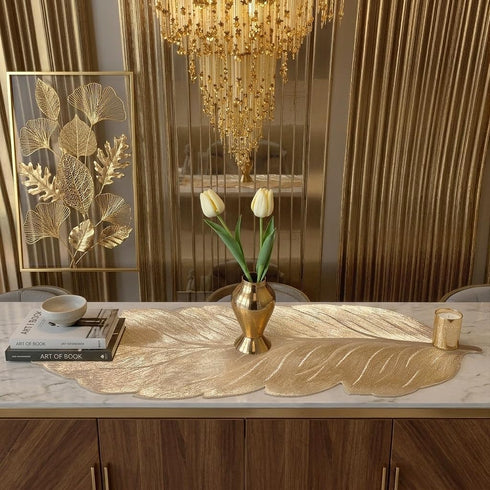 36 Inch FAVE Gold Small Table Runner Heat Resistant Vinyl Table Cover for Dinner Party Wedding Decor (Leaves)