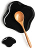 Spoon Holder, Porcelain Spoon Rest with Deep Drip Tray for Kitchen Counter, Heat-Resistant, Black Ruffled Edge
