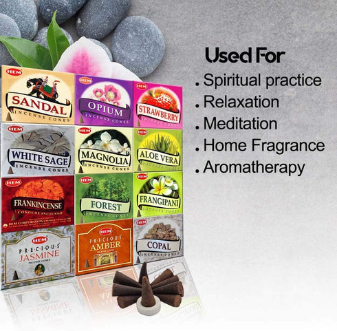 HEM 12 Assorted Boxes of HEM Incense Cones, Natural Fragrance for Aromatic Rooms and Meditation