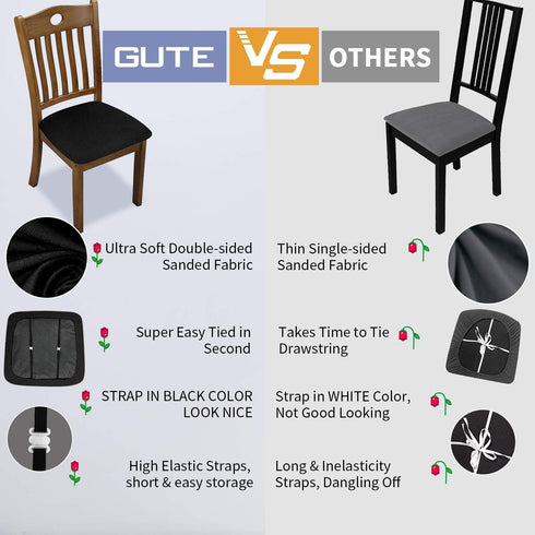 Gute Chair Seat Covers, Stretch Solid Dining Room Chair Protectors with Ties (4 Pcs, Black)