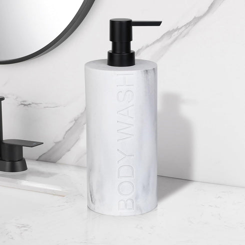 Resin White Marbled Body Wash Engraved Bottle Refillable Pump Dispenser, Durable Waterproof Construction for Bath