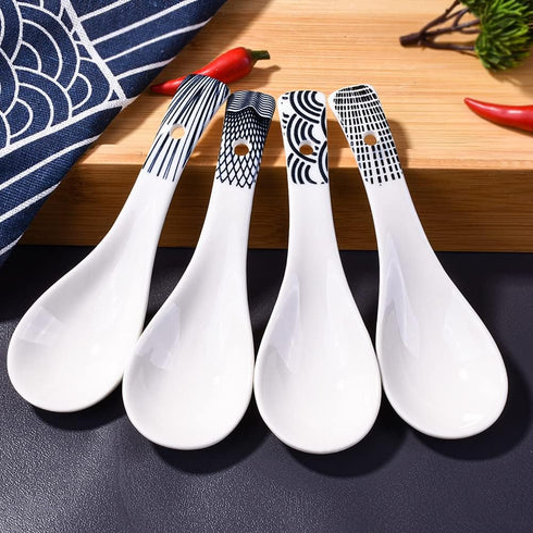 Japanese Soup Spoon Set of 4 - Small Black Style Soup Spoons for Ramen, Wonton, Oat Salad