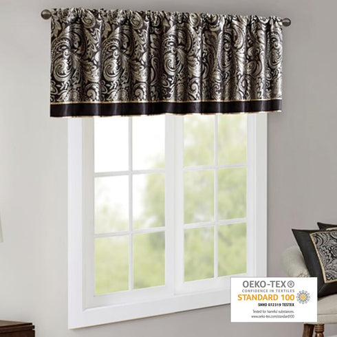 Madison Park Aubrey Jacquard Rod Pocket Valance, Classic Silk Paisley, 50X18", Black