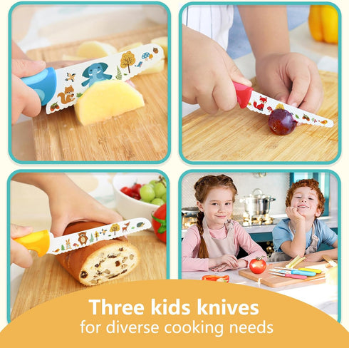 Kids Knife Set for Real Cooking, 4pcs Safe Kitchen Cutting Knives with Stainless Steel Blades, BPA-free