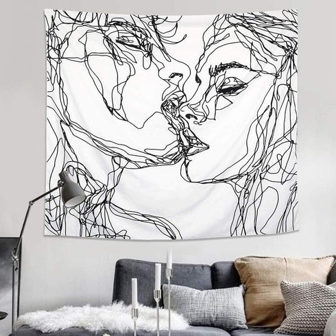 Ruibo Kissing Couple Abstract Sketch Art Wall Hanging Tapestry, Beach Throw, 59" x 51"