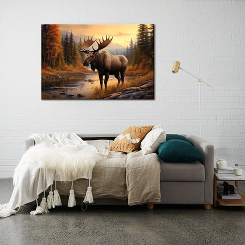 GLOKAKA Nature Moose Wall Art, Moose in the River Print, Retro Poster for Home, Office, Kitchen, and Bar