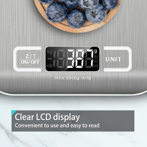 Digital Kitchen Scale - Food Scale for Meat Baking Weight, Up to 11 lb (1g-5KG), Silver Stainless Steel with LCD Display