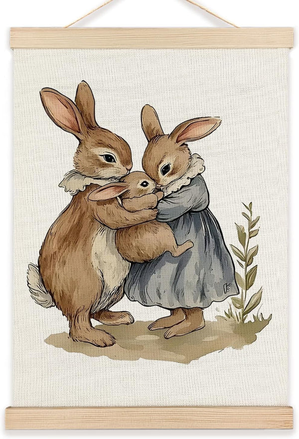 LZYRF Bunny Nursery Wall Art Poster Framed, Rustic Cottagecore Rabbit Kids Decor Family