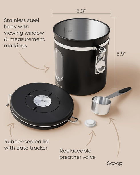 Veken Coffee Canister with Window, Airtight Stainless Steel Kitchen Food Storage Container with Date Tracker and Scoop