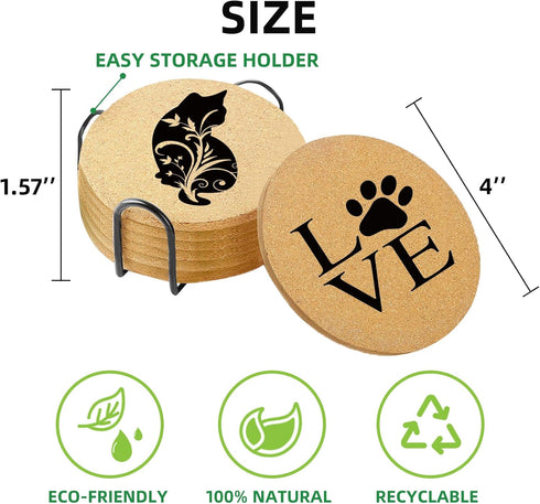 Cegkuc Set 6, 4" Coasters for Drinks with Holder of Cat Paw Coaster for New Home Couples House Warming Gifts Absorbent