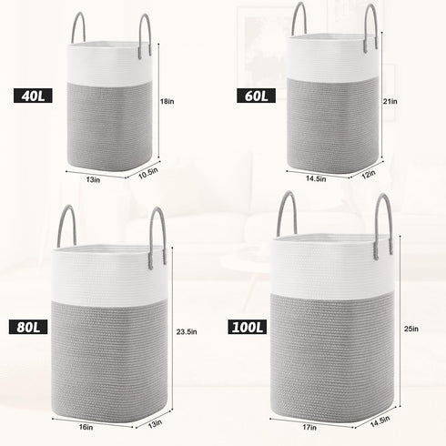 Woven Cotton Rope Laundry Basket, 80L Versatile Hamper for Dirty Clothes, Baby Toys, and Blankets in Bathroom and