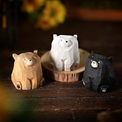 Lineshading 3 Pcs Mini Wooden Bears Figurines Handmade Carved Small Wooden Black Brown