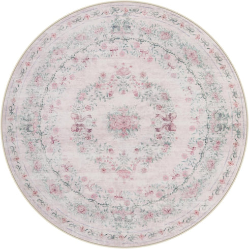 4ft Wonnitar Bow Print Washable Round Rug, Pink Circle Rug for Girl Nursery Decor, Non Slip Ultra-Thin Soft Boho Floral