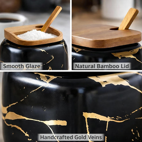 Marble Ceramics Sugar Bowl Ceramic Seasoning Box Ceramic Spice Jars Porcelain Condiment Pots with Lid and Spoon (Black)