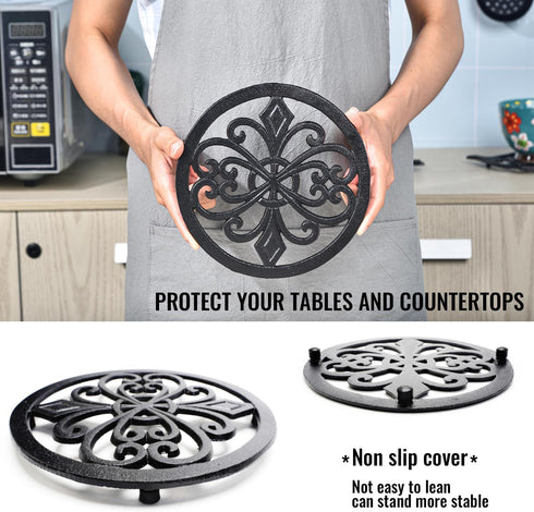 Sungmor Heavy Duty Cast Iron Round Metal Trivet, Rustproof Black Racks for Hot Pans or Teapot Kitchen Decor