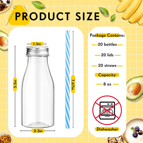 20 Sets (8 oz,Pastel Yinkin Plastic Milk Bottles with Straws Lids Clear Plastic Containers for Dairy Milk Party Bottle