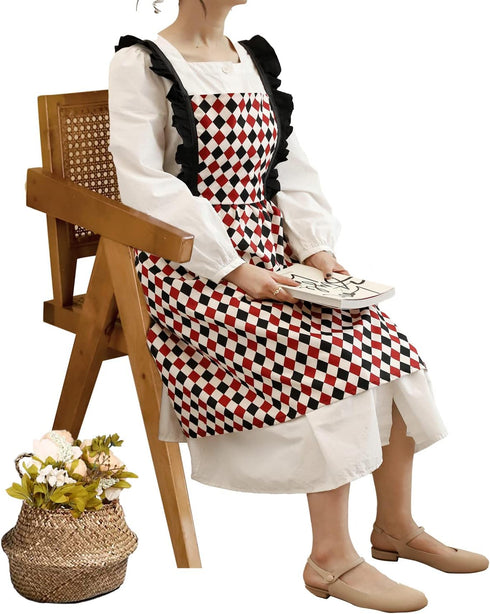 Violet Mist Cotton Linen Apron, Women Cross Back Apron with Pockets, Vintage Black and Red Argyle Pinafore Dress