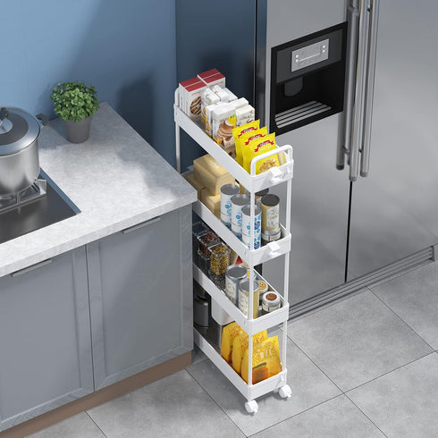 SOLEJAZZ Slim Storage Cart, 4 Tier Bathroom Organizer, Rolling Utility Cart for Kitchen, Laundry, White