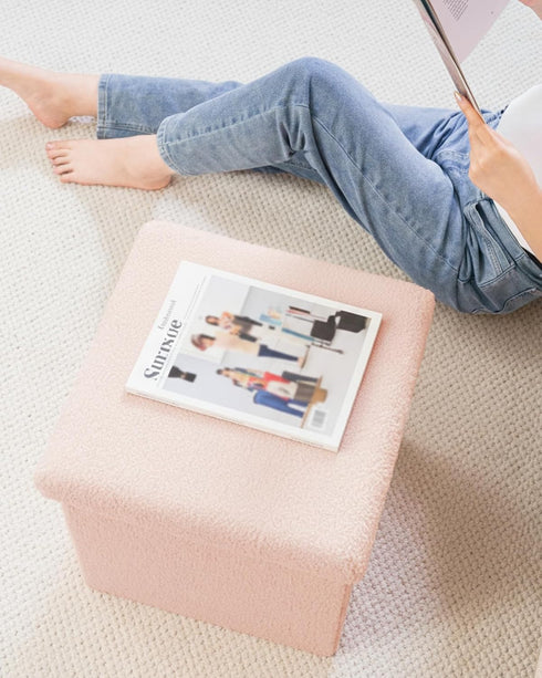 15"x15"x15" Square Ottoman with Storage, Small Sherpa Storage Ottoman Cube, Boucle Folding Foot Rest for Dorm, Living