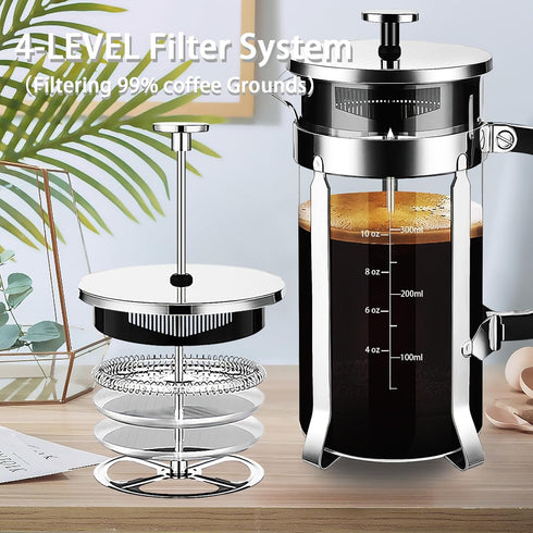 French Press Coffee Maker, 304 Stainless Steel with 4 Filters System, Heat Resistant Borosilicate Glass, BPA-Free