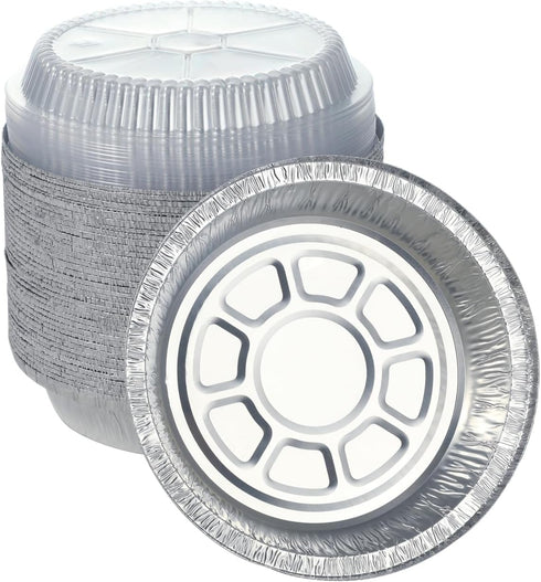 Premium 7-Inch Aluminum Round Foil Pans with Plastic Lids, Disposable Tin for Roasting, Baking, Cooking - 60pcs