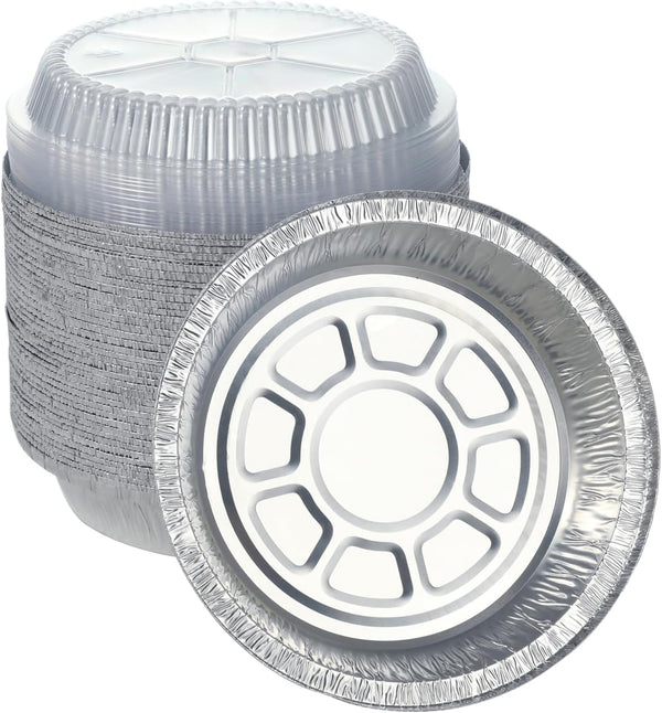 Premium 7-Inch Aluminum Round Foil Pans with Plastic Lids, Disposable Tin for Roasting, Baking, Cooking - 60pcs
