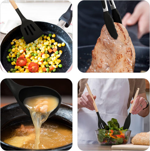 Kitchen Utensils Set, 5 Pcs Non-Stick Silicone Cooking Utensils with Wooden Handle, Heat Resistant Gadgets