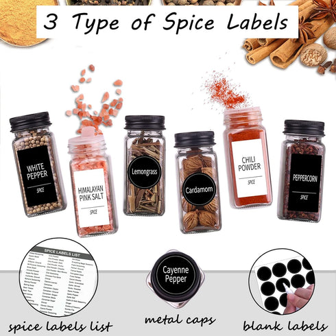 66 547 4oz Churboro Spice Jars with Labels- Glass Spice Jars with Black Metal Caps, Empty Spice Containers with Shaker