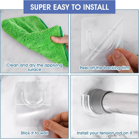 Sibba Shower Rod Holder 4Pcs, No Drilling Sticky Curtain Rod Bracket, Heavy Duty Wall Hold Tool for Bathroom