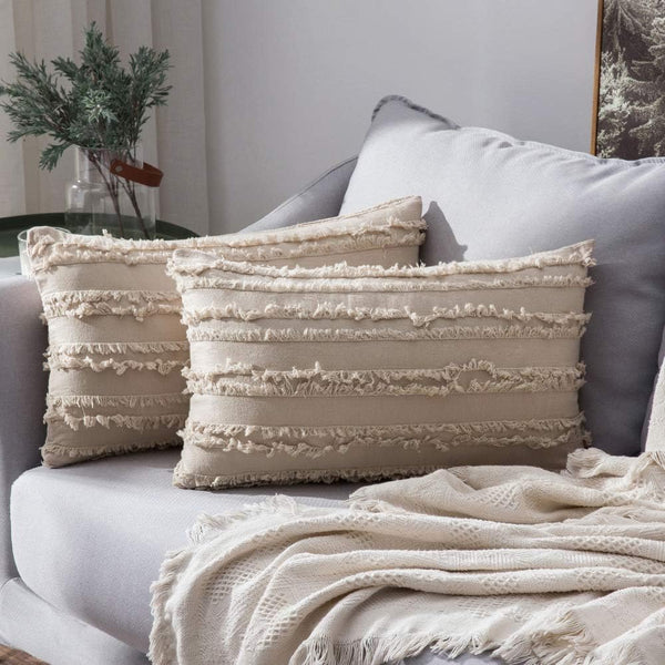 MIULEE Set of 2 Decorative Boho Throw Pillow Covers, Linen Striped Jacquard Pattern Cushion Covers, 12x20 Inch Beige