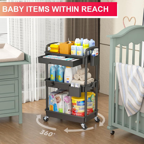 3 2 Goovilla Tier Rolling Utility Cart Organizer with Removable Drawer, Stable and Sturdy Black Rolling Storage Carts